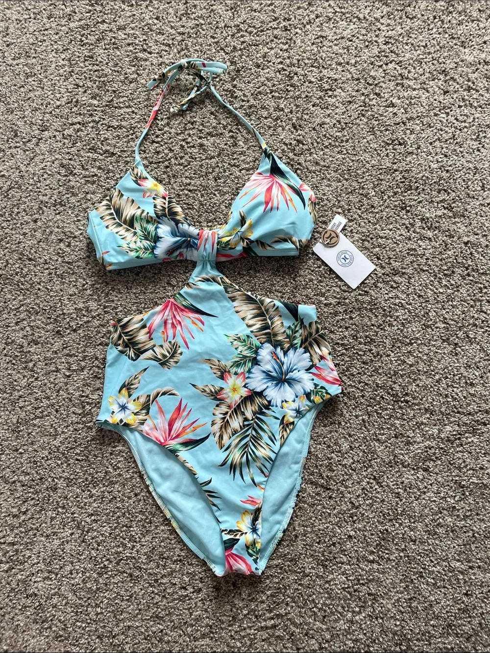 Hurley Light Blue Tropical Palm Floral One-Piece Cutout Halter Swimsuit